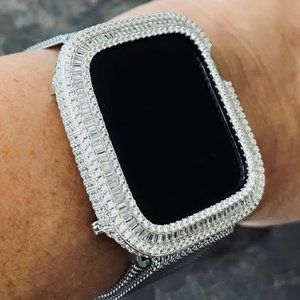 EMJ Bling Silver Baguette Apple Watch Bezel Face Case Cover Series 7/8 41/45 mm